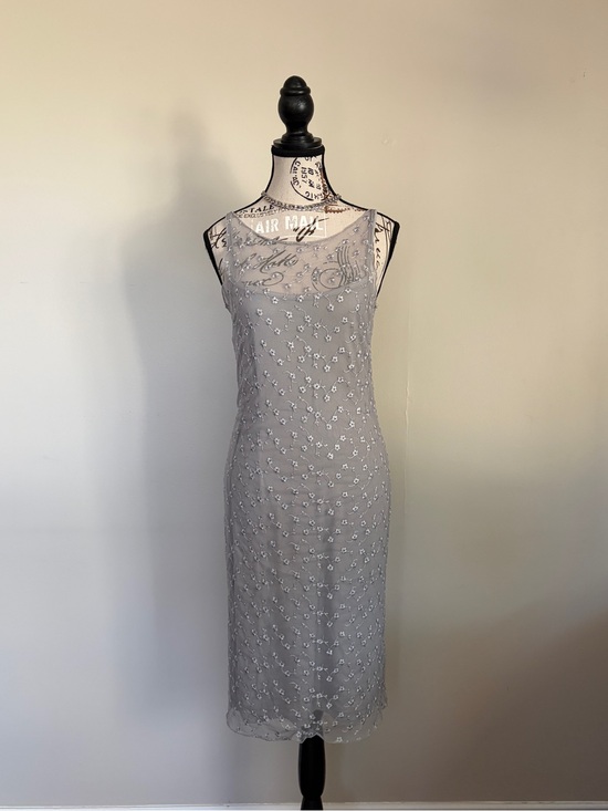 Inwear Dresses & Skirts - Vintage 90s Romantic Silver Grey Floral Embroidered Sheer Mesh Midi Dress